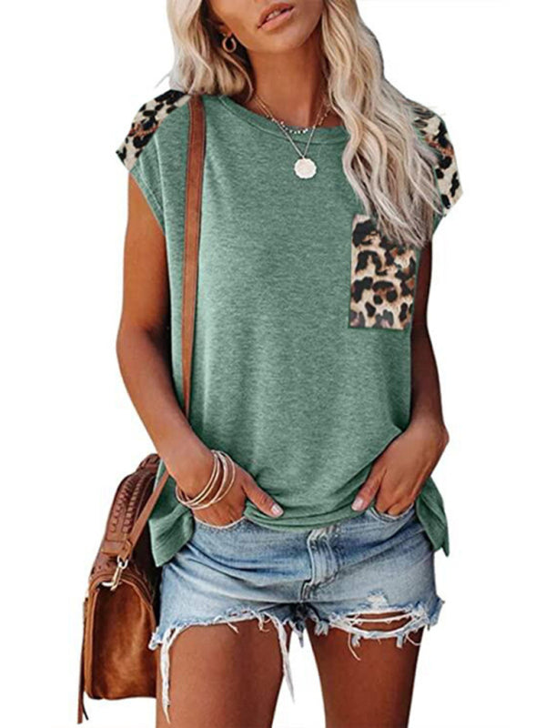 Levoire | Col rond-panneau-léopard-sac raglan sans manches T-shirt décontracté