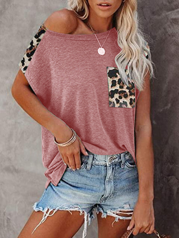Levoire | Col rond-panneau-léopard-sac raglan sans manches T-shirt décontracté Rosa