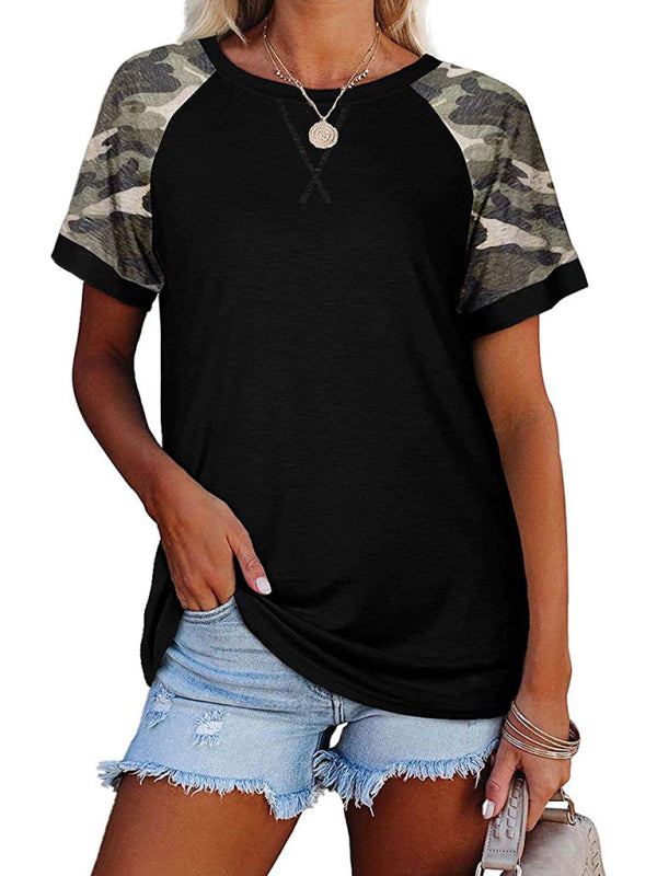 Levoire | Femme Loisirs Camouflage Imprimé Mosaïque Col Rond T-shirt à Manches Courtes Noir