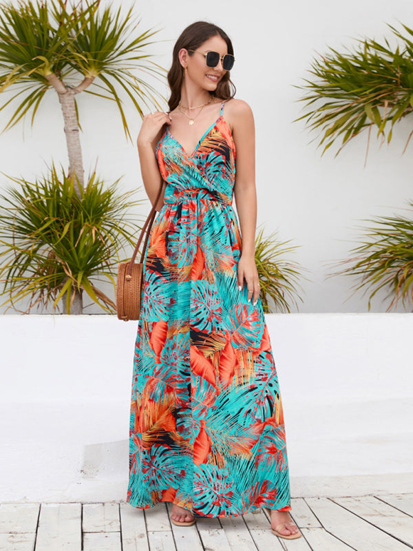 Levoire | Robe Longue Imprimée Bohème Sexy Décolleté V Bretelles Orange