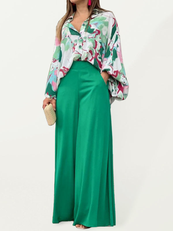 Levoire | Été ample décontracté imprimé chemise haut pantalon large ensemble deux pièces Vert