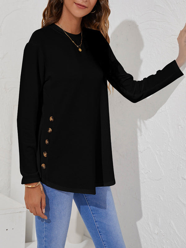 Levoire | Col rond T-shirt décontracté femme à boutons uniques à manches longues
