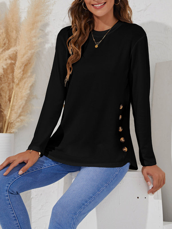 Levoire | Col rond T-shirt décontracté femme à boutons uniques à manches longues