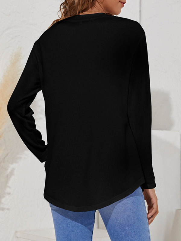 Levoire | Col rond T-shirt décontracté femme à boutons uniques à manches longues