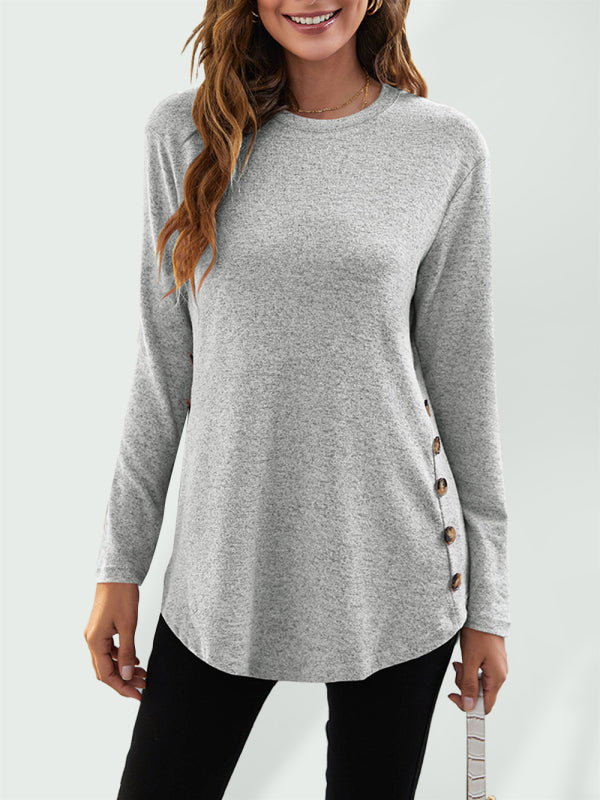Levoire | Col rond T-shirt décontracté femme à boutons uniques à manches longues Gris