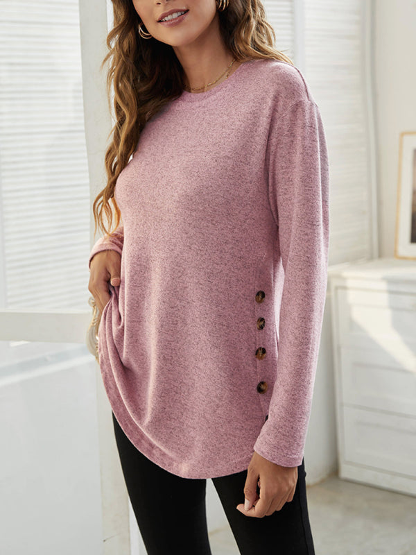 Levoire | Col rond T-shirt décontracté femme à boutons uniques à manches longues