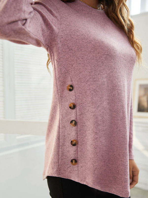 Levoire | Col rond T-shirt décontracté femme à boutons uniques à manches longues
