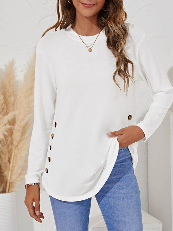 Levoire | Col rond T-shirt décontracté femme à boutons uniques à manches longues Blanc