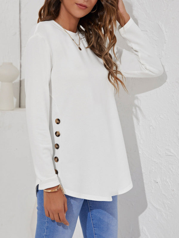 Levoire | Col rond T-shirt décontracté femme à boutons uniques à manches longues