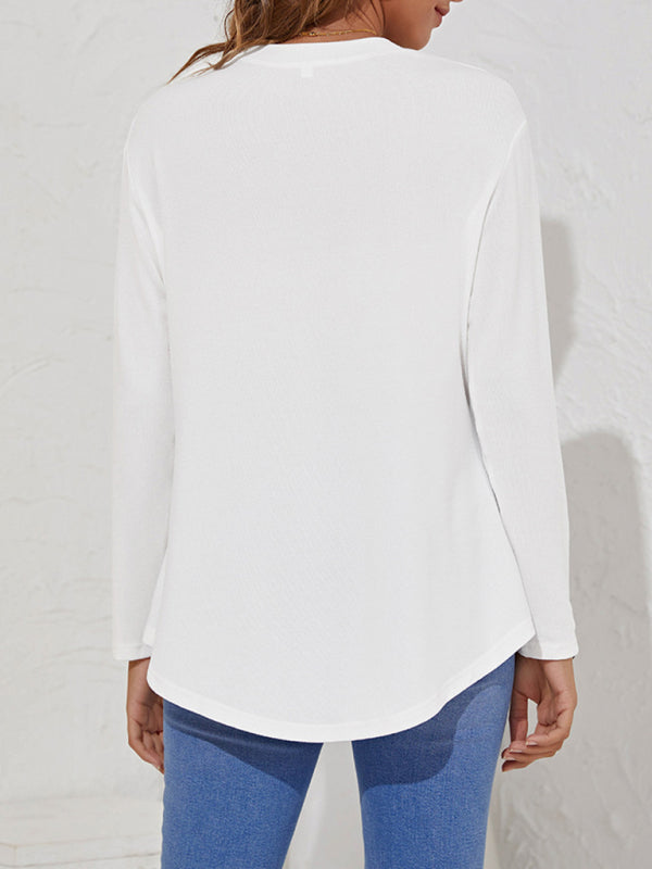 Levoire | Col rond T-shirt décontracté femme à boutons uniques à manches longues