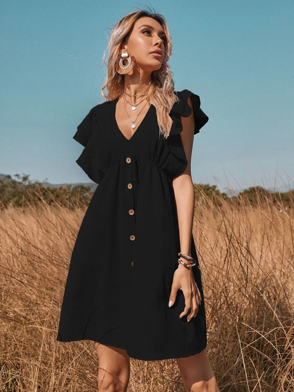 Levoire | Robe bouton à col en V tissée pour femme grande évasée en A avec petites manches flotantes Noir