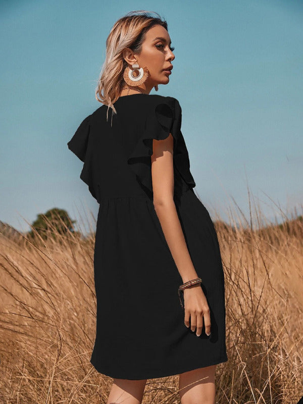 Levoire | Robe bouton à col en V tissée pour femme grande évasée en A avec petites manches flotantes
