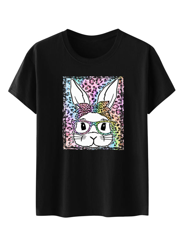 Levoire | Femmes Pâques Léopard Imprimé Lapin T-shirt à Manches Courtes