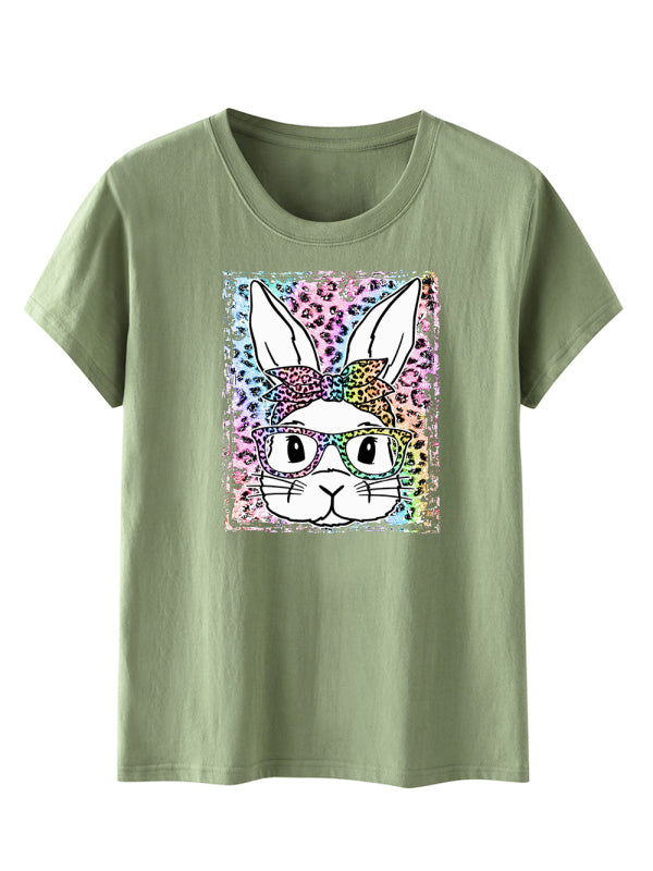 Levoire | Femmes Pâques Léopard Imprimé Lapin T-shirt à Manches Courtes Gris