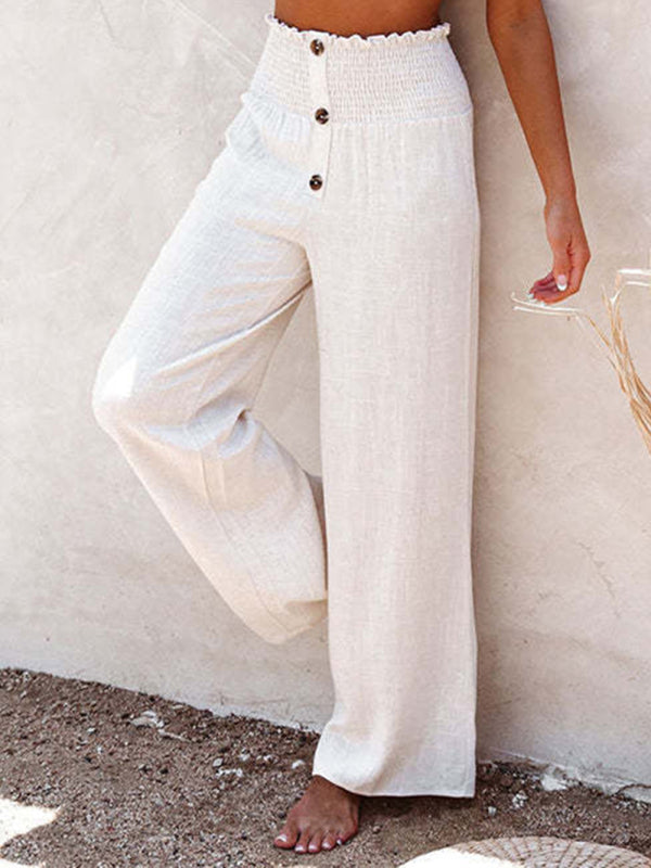 Levoire | Pantalons femme en coton et lin unis décontractés à jambes larges
