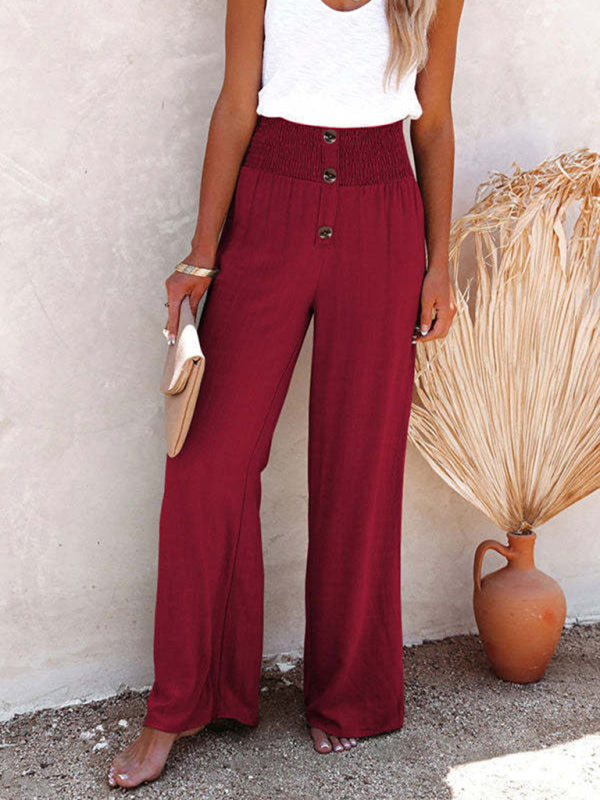 Levoire | Pantalons femme en coton et lin unis décontractés à jambes larges Rouge vin