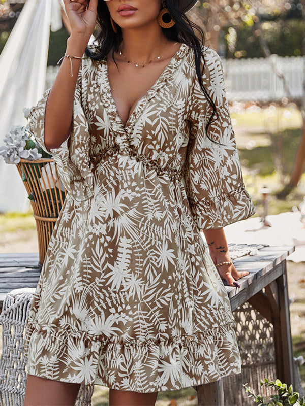 Levoire | Profond V Temps Libre Sexy Vacances Imprimé Robe Jupes Mi-longues