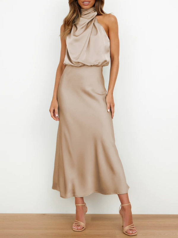 Levoire | Robe midi ajustée à bretelles en satin tissé de haute qualité pour femme Cracker kaki