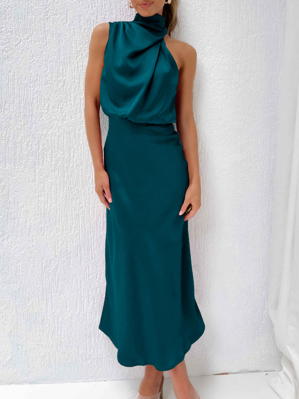 Levoire | Robe midi ajustée à bretelles en satin tissé de haute qualité pour femme Vert foncé