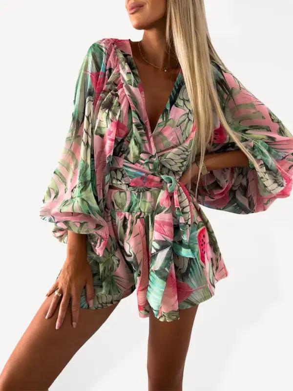 Levoire | Femme tissé floral à manches longues short décolleté en V tropical forêt tropicale combinaison Vert