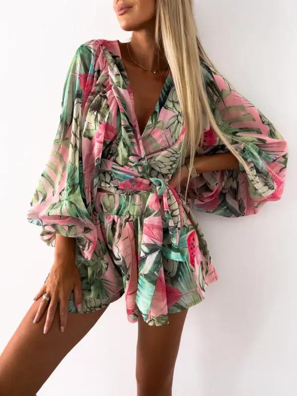 Levoire | Femme tissé floral à manches longues short décolleté en V tropical forêt tropicale combinaison
