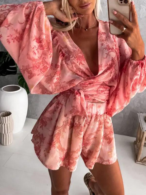 Levoire | Femme tissé floral à manches longues short décolleté en V tropical forêt tropicale combinaison