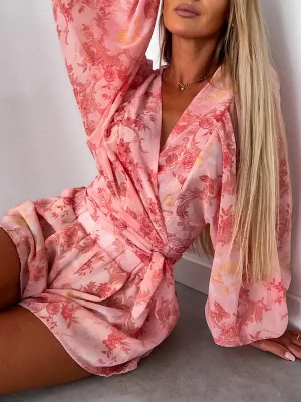 Levoire | Femme tissé floral à manches longues short décolleté en V tropical forêt tropicale combinaison Rot