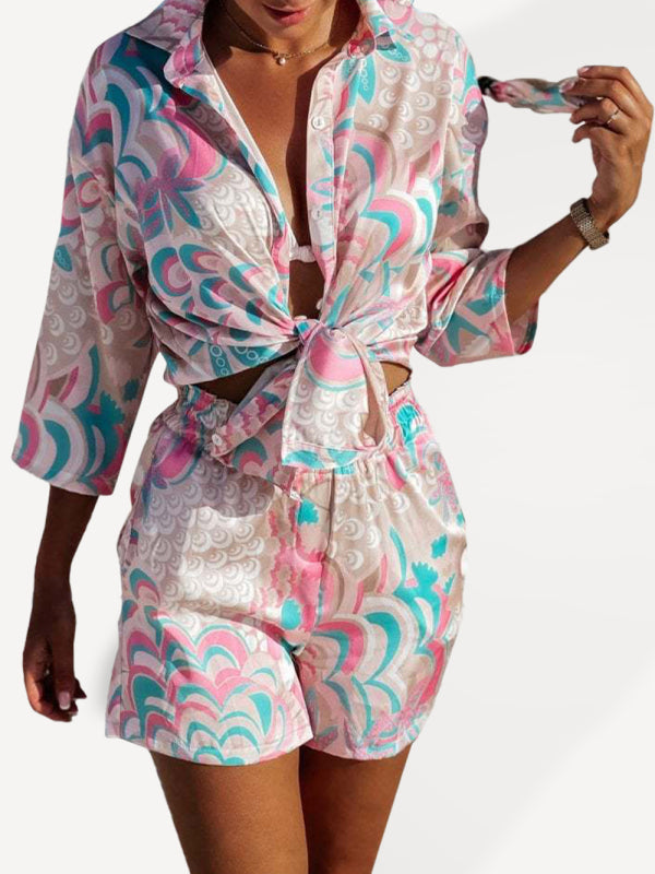 Levoire | Femmes tissées fleurs style d'été décontracté à manches longues short deux pièces set Rosa