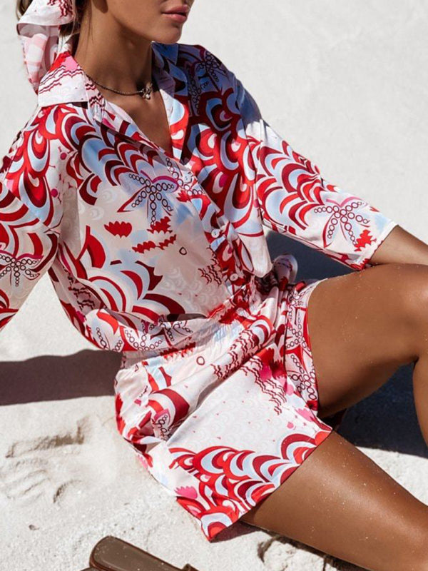 Levoire | Femmes tissées fleurs style d'été décontracté à manches longues short deux pièces set