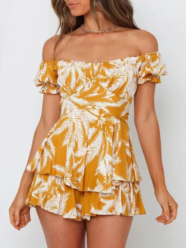Levoire | Vêtements pour femmes sexy en col bateau lanternes feuilles de lotus manches courtes imprimé combinaisons Ingwer Jaune