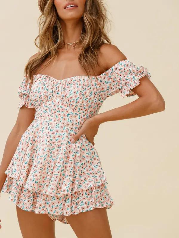 Levoire | Vêtements pour femmes sexy en col bateau lanternes feuilles de lotus manches courtes imprimé combinaisons Rosa
