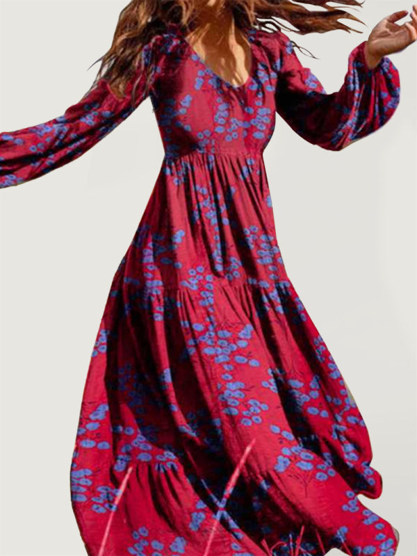 Levoire | Robe maxi en coton imprimé boho oversized à panneaux froncés Rot