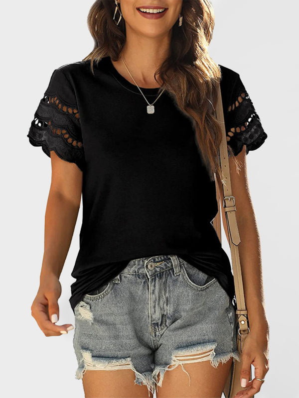 Levoire | T-shirt d'été en dentelle brodée à manches courtes haut col rond Noir