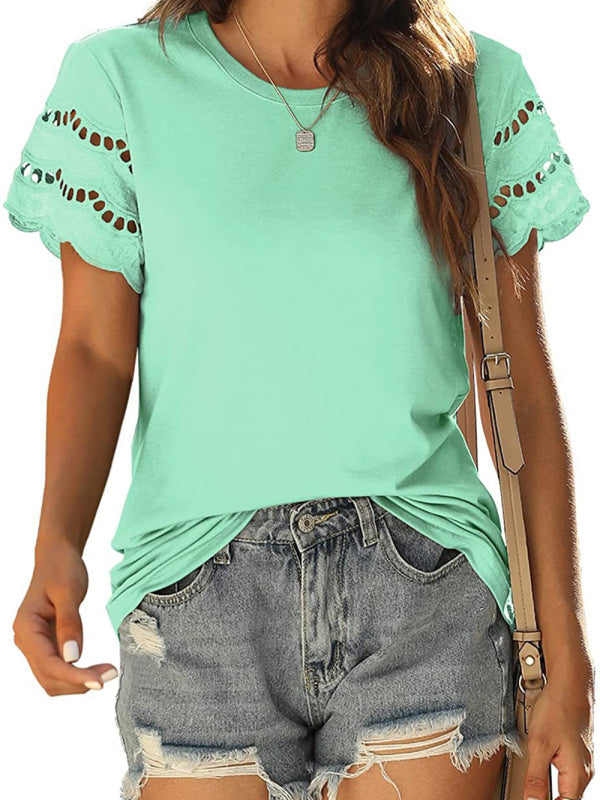 Levoire | T-shirt d'été en dentelle brodée à manches courtes haut col rond Vert