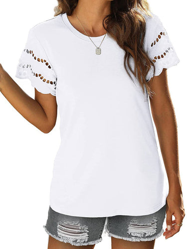Levoire | T-shirt d'été en dentelle brodée à manches courtes haut col rond