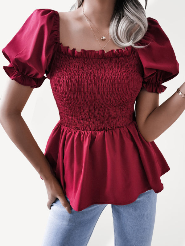 Levoire | Femmes Unicolore Ballon Manches Volant Chiffon Chemisier Top Rot