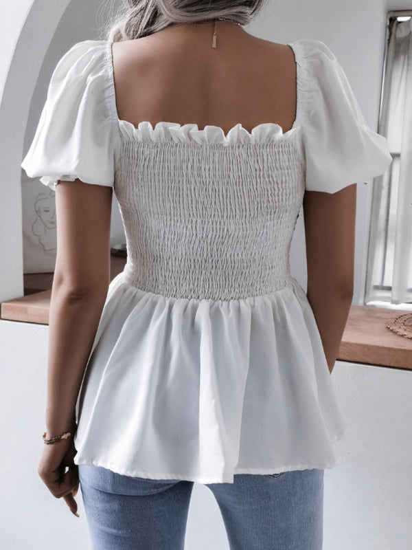 Levoire | Femmes Unicolore Ballon Manches Volant Chiffon Chemisier Top