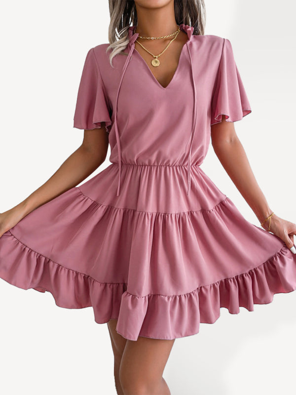 Levoire | Femmes Robe A-Ligne à Volants Unicolore Lotus Rosa