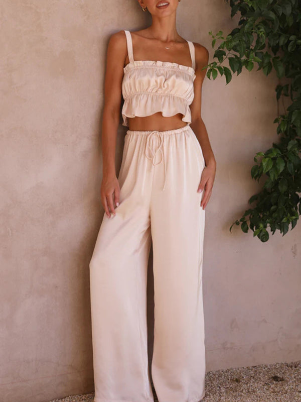 Levoire | Printemps et été vêtements pour femmes, bretelles spaghetti à col unique, pantalons amples, tenue tendance
