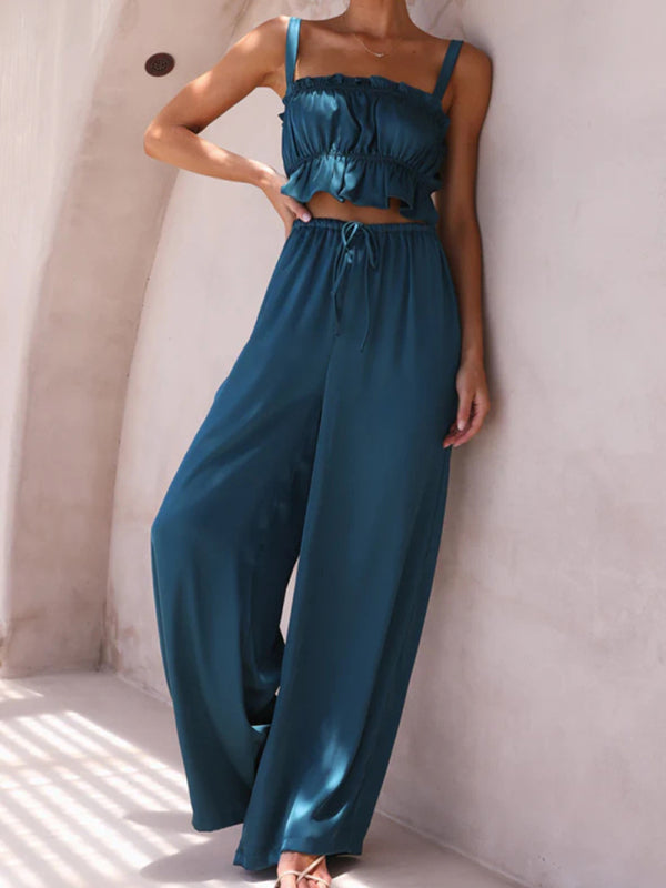 Levoire | Printemps et été vêtements pour femmes, bretelles spaghetti à col unique, pantalons amples, tenue tendance