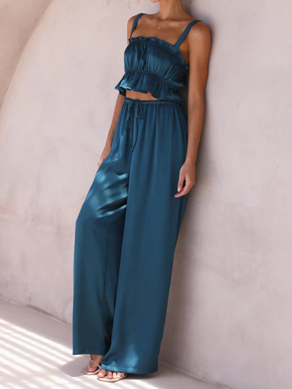 Levoire | Printemps et été vêtements pour femmes, bretelles spaghetti à col unique, pantalons amples, tenue tendance