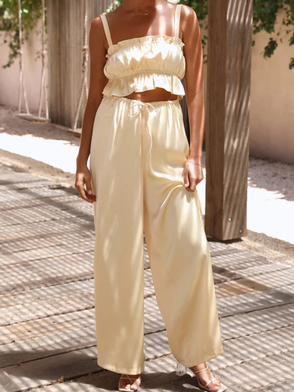 Levoire | Printemps et été vêtements pour femmes, bretelles spaghetti à col unique, pantalons amples, tenue tendance Jaune
