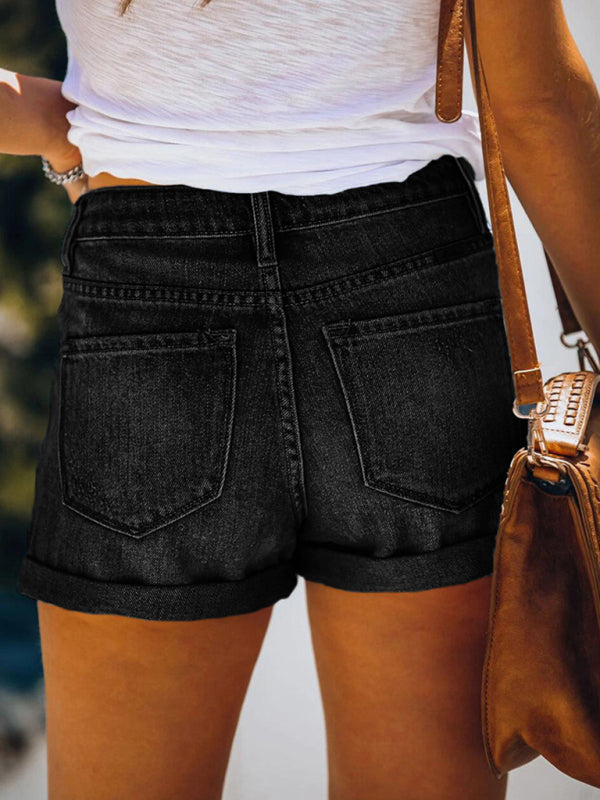 Levoire | Dame Stretch Mi-hauts Shorts en Denim avec des trous