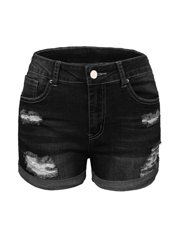 Levoire | Dame Stretch Mi-hauts Shorts en Denim avec des trous