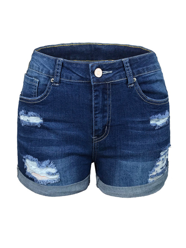 Levoire | Dame Stretch Mi-hauts Shorts en Denim avec des trous