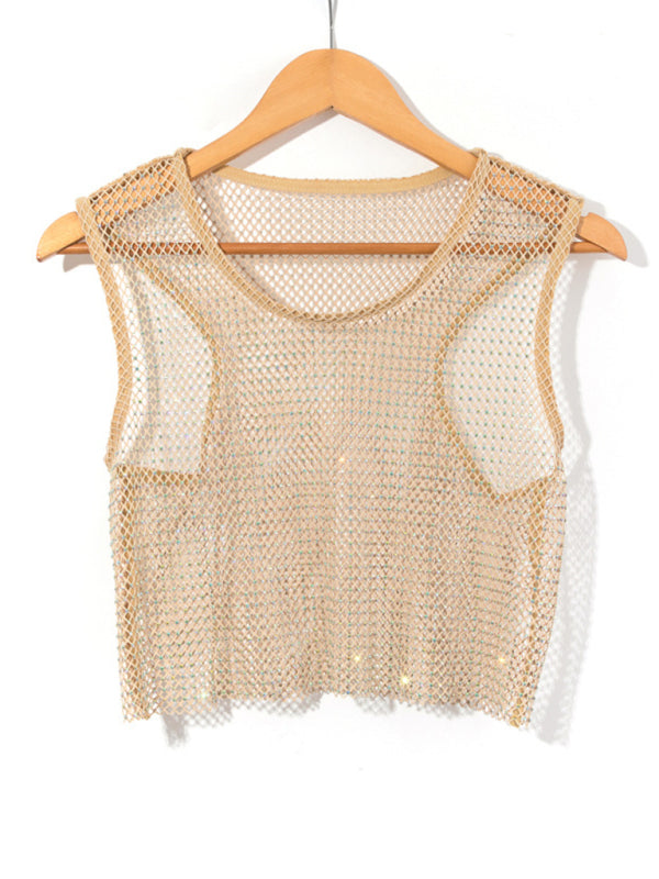 Levoire | Sexy Mesh Blitz Diamant Pêcheur Réseau Veste Nuit Club Perspective chaude fille T-shirt Top Cracker kaki UNE TAILLE