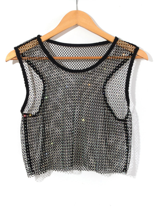 Levoire | Sexy Mesh Blitz Diamant Pêcheur Réseau Veste Nuit Club Perspective chaude fille T-shirt Top Noir UNE TAILLE