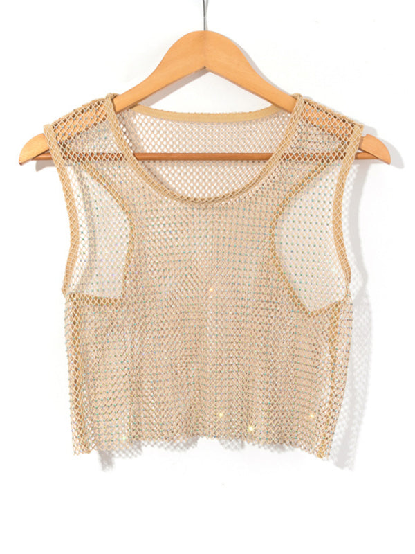 Levoire | Sexy Mesh Blitz Diamant Pêcheur Réseau Veste Nuit Club Perspective chaude fille T-shirt Top Khaki UNE TAILLE
