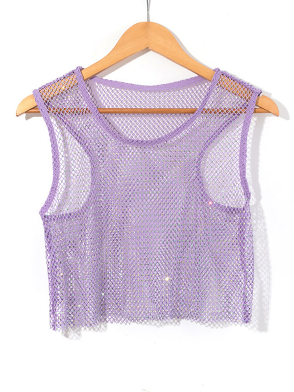 Levoire | Sexy Mesh Blitz Diamant Pêcheur Réseau Veste Nuit Club Perspective chaude fille T-shirt Top Violet UNE TAILLE