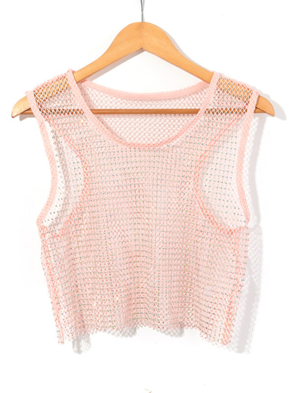 Levoire | Sexy Mesh Blitz Diamant Pêcheur Réseau Veste Nuit Club Perspective chaude fille T-shirt Top Rosa UNE TAILLE